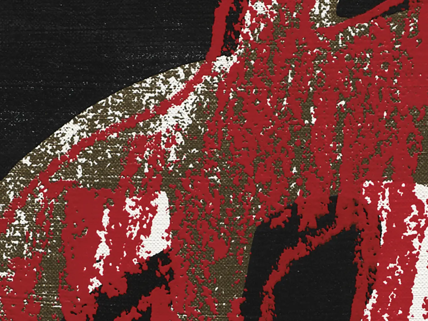 Tight crop of a screenprint detail from an Andy Warhol Dollar Sign work, showing ink layering and color registration.